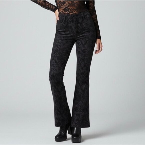 Wish Boutique Denim - Y2K Black Floral Velvet Mid Rise Flare Jeans | Mob Wife Dark Academia Whimsigoth